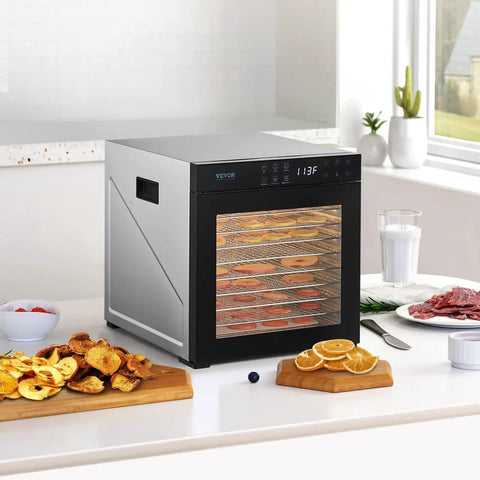 Straight Up Top Shelf Electric Food Dehydrator With 10 Stainless Steel Trays at 113F for drying fruits and meats.