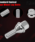 Standard conical seat wheel lug bolt close-up image, showcasing steel construction for Jeep, Dodge, Chrysler, Ram vehicles.