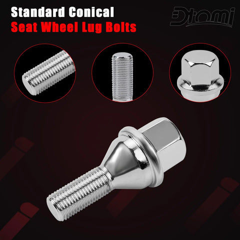 Standard conical seat wheel lug bolt close-up image, showcasing steel construction for Jeep, Dodge, Chrysler, Ram vehicles.