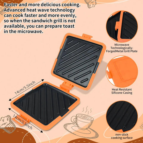 Open Heatwave Microwave Toastie Maker With Nonstick Tray And Panini Press Dishwasher Safe Compact 5.5x5.5 Inch Orange