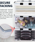 Super Sized 3 Pack Heavy Duty Waterproof Plastic Stackable Storage Totes 90 Quarts Locking Bins with snap shut clips, clear front.