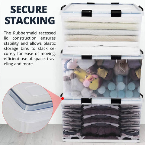Super Sized 3 Pack Heavy Duty Waterproof Plastic Stackable Storage Totes 90 Quarts Locking Bins with snap shut clips, clear front.