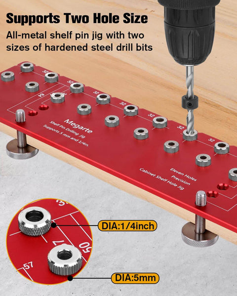 All-In-One Shelf Pin Drilling Jig With 11 Holes, Aluminum Alloy Self-Contained Clamp, Includes One Quarter Inch And Five Millimeter Drill Bits