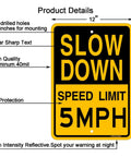 Low And Slow Speed Limit 5 Mph Reflective Aluminum Warning Sign For Driveway Entrance Outdoor Traffic Control durable 12x17 inches.