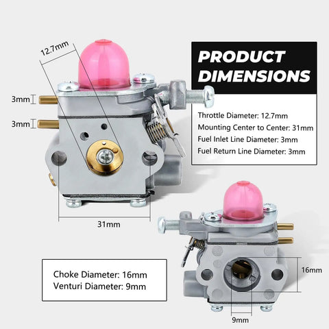 Carburetor Replacement For Troy-Bilt TB22 TB21EC TB22EC TB32EC TB42EC TB80EC TB2040XP with dimensions and parts labeled.