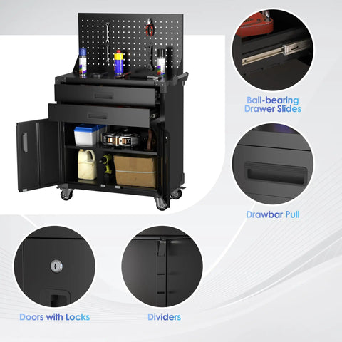 Heavy Duty Black Tool Cart On Wheels With Pegboard And 4 Hooks, Garage Storage Cabinet With Two Drawers And Lockable Doors