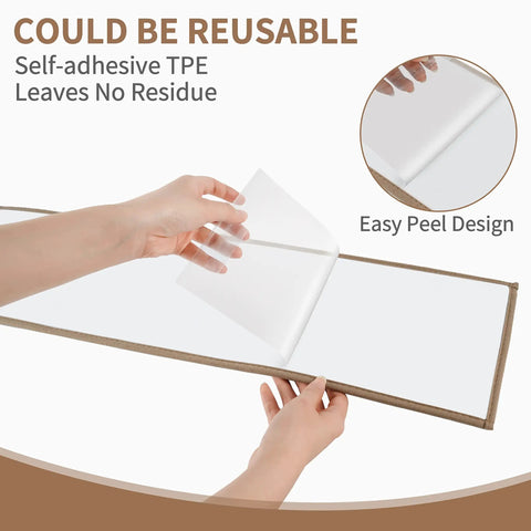 Hands peeling sheet off Stair Treads For Wooden Steps 8 By 30 Inch Peel And Stick Non Slip Indoor Runner Mats 15 Pack Beige Anti Slip