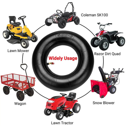 Diagram showing 13x5.00-6 inner tube replacement for Razor Dirt Quad, lawn mowers, go-karts, and ATVs with TR87 bent valve stem.
