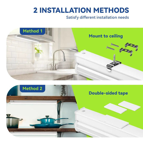 Linkable LED Under Cabinet And Closet Light Bar 2ft 9W 800 Lumens 5000K Daylight Bright Plug And Play 3 Pack installation methods