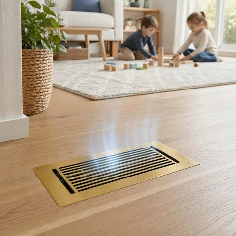 Durable Cast Aluminum Floor Register 4x10 Inlet With Walkable Surface Adjustable Louvers 6x12 Faceplate Gold Finish in room setting