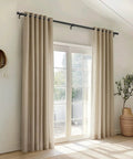 Heavy Duty 1 Inch Curtain Rod Adjustable 32 To 120 Inches Black Indoor Outdoor Drapery Pole With Tough As Nails Helical Threads Easy Install Minimal Sag Modern Window Rod in modern living room with beige curtains.