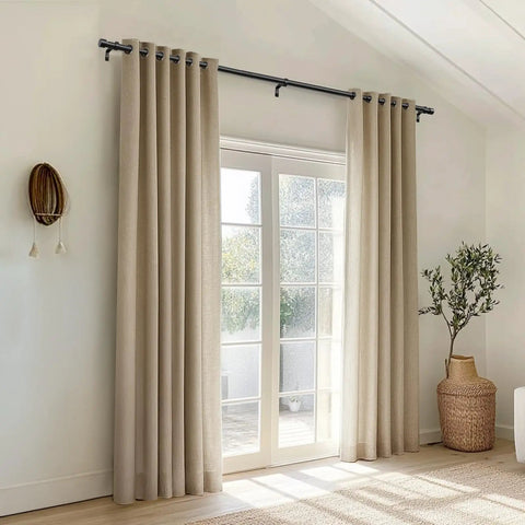 Heavy Duty 1 Inch Curtain Rod Adjustable 32 To 120 Inches Black Indoor Outdoor Drapery Pole With Tough As Nails Helical Threads Easy Install Minimal Sag Modern Window Rod in modern living room with beige curtains.