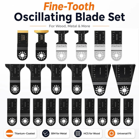 Boss Grade 22 Piece Titanium Oscillating Saw Blade Set For Metal And Wood Universal Multi Tool Blades Kit displayed