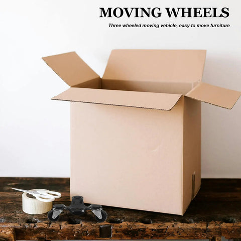 Two Pack Heavy Duty Furniture Dolly with Triple Wheel Design for Easy Movement and Flexible Steering Carbon Steel and ABS Construction Small Furniture Mover with Wheels for Effortless Home and Office Moves, black triple-wheel dolly beside box