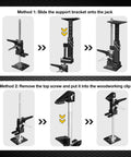 Instructional images showing Yellow Jacket 2 Pack Cabinet Jacks for drywall and shiplap installation adjustment methods.