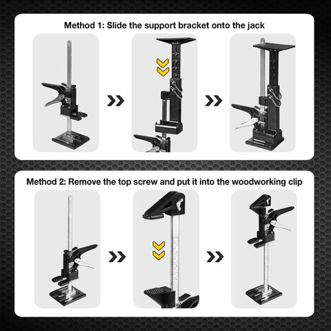 Instructional images showing Yellow Jacket 2 Pack Cabinet Jacks for drywall and shiplap installation adjustment methods.