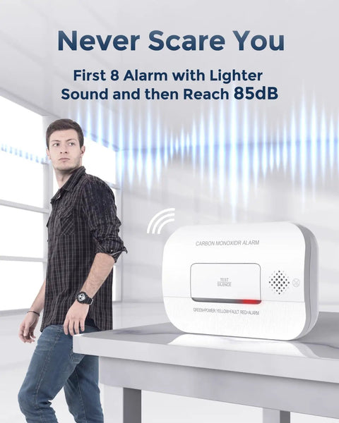 Carbon Monoxide Detectors 10-Year CO Detector With Human Alarm Sounds And Test Button For Home Safety, Electrochemical Technology With Low Battery Signal, Four Pack FJ127 on a table with sound waves illustrated.
