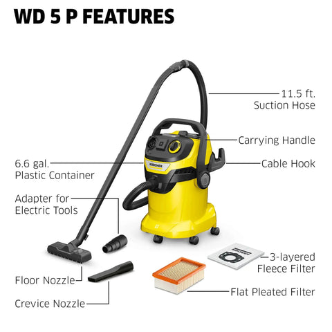 WD 5 P Shop Vacuum 6.6 Gal Wet Dry Vacuum Cleaner With 33 Ft Reach, Heavy Duty Blower, Floor Nuzzle, Nozzles, Filters and Hose