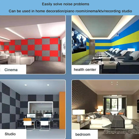 Premium Self Adhesive Acoustic Foam Panels For Walls used in cinema, studio, health center, and bedroom settings for soundproofing.
