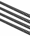 Four steel rails from the Five Foot E Track Tie Down Rail Kit With Four Rails, Two Single Slots, Six O Rings, Four Tie Offs With D Ring, And Two Ratchet Straps For Securing Cargo On Trailers, Trucks, Vans, Motorcycles, And Bikes.