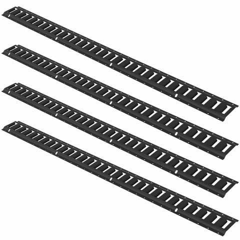 Four steel rails from the Five Foot E Track Tie Down Rail Kit With Four Rails, Two Single Slots, Six O Rings, Four Tie Offs With D Ring, And Two Ratchet Straps For Securing Cargo On Trailers, Trucks, Vans, Motorcycles, And Bikes.