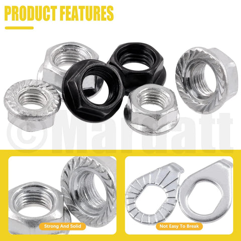 Front view: Mardatt 60Pcs bike axle nuts and washers kit (M8/M9.5/M10) in silver and black.