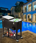 80 Quart Rolling Ice Chest On Wheels Portable Patio Party Bar Drink Cooler Cart With Wicker PP Rattan Shelf near poolside
