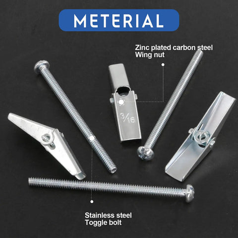 Sixty Pack Three Sixteenth Inch Zinc Plated Steel Toggle Bolts With Round Head And Wing Nuts For Hanging Heavy Items On Drywall Durable Rust Resistant Fastener Set, 3/16 in