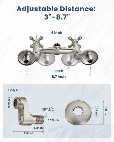 Wall Mount Kitchen Faucet With 6 Inch Spout Brushed Nickel Pro Grade Build Double Handles Hot And Cold Mixer Tap 360 Degree Rotatable 2 Hole Center Set Solid Brass Heavy Duty Restaurant Style Faucet dimensions diagram