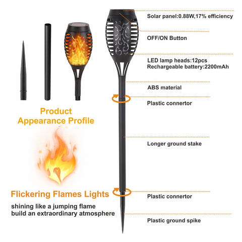 12 Pack Solar Torch Lights With Flickering Flame For Outdoor Decor Waterproof Garden And Pathway Lighting LED Flame Torches For Patio