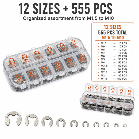 555 Piece Stainless Steel E Clips Set In 12 Sizes M1.5 To M10 With Clear Organizer Box, UV Printed Compartments