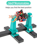 Adjustable PCB Holder Soldering Clamp For Circuit Boards With Soldering Iron Pen Holder And 360 Degree Rotation, tool shown in green.