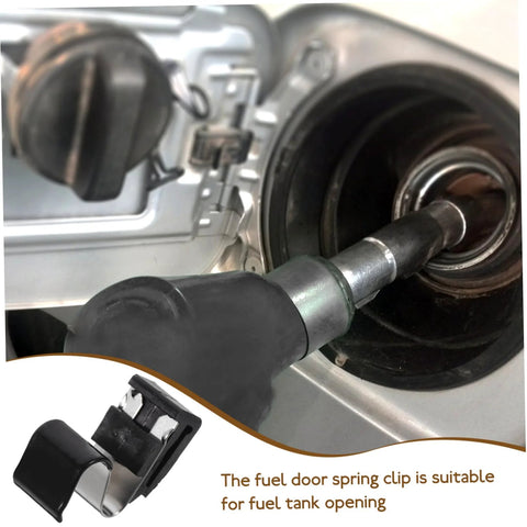 Gas tank door spring clip replacement, front view, black plastic clip for fuel door seal and secure closure