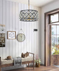 17.8 Inch Crystal Chandelier Pendant Light With Large Round Black Metal Frame And Crystal Ball Orbs in modern living room