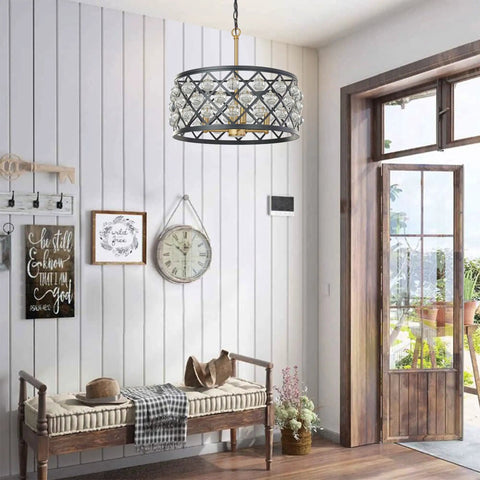 17.8 Inch Crystal Chandelier Pendant Light With Large Round Black Metal Frame And Crystal Ball Orbs in modern living room