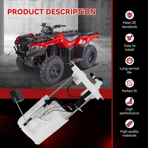 Direct Fit Fuel Pump Assembly Replacement For Honda TRX420 2014-2021 with specifications and a red Honda ATV