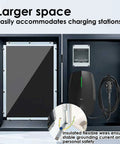 Custom Wall-Mounted EV Charger Cover Box Outdoor All-Weather Shield Protects Charging Station From Harsh Elements Including Sun Storms And Debris Keeps Your Ride And Gear Safe From Hail And Snow. Spacious interior showing a charger with insulated wires.