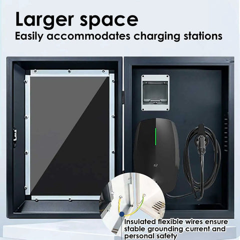 Custom Wall-Mounted EV Charger Cover Box Outdoor All-Weather Shield Protects Charging Station From Harsh Elements Including Sun Storms And Debris Keeps Your Ride And Gear Safe From Hail And Snow. Spacious interior showing a charger with insulated wires.
