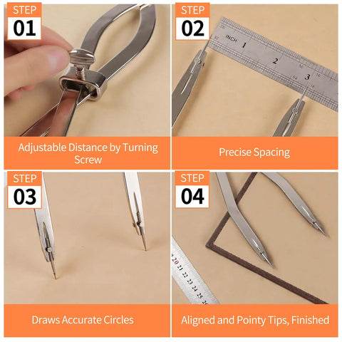 Steps to use Heavy Duty Radius Divider Tool 12 Inch Scriber for Sheet Metal Fabrication and Layout Work, showing precision and adjustment.