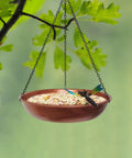 Outdoor Hanging Bird Bath And Feeder With Antique Copper Finish, 11 Inch Metal Bowl On Black Chain, Dragonfly Accent