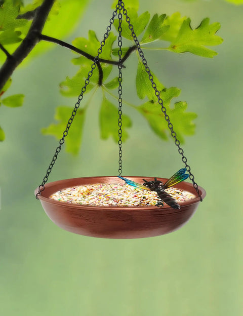 Outdoor Hanging Bird Bath And Feeder With Antique Copper Finish, 11 Inch Metal Bowl On Black Chain, Dragonfly Accent