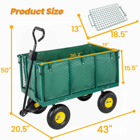 4-In-1 Steel Utility Cart With 880 Lb Capacity, Heavy Duty Dump Wagon With 15.5 Inch Extra-High Sides, 10 Inch All-Terrain Tires