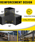 3 Way Right Angle Pergola Brackets For 4x4 Lumber DIY Kit With Screws showing reinforced design in black steel, used in outdoor structures