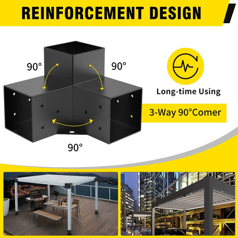 3 Way Right Angle Pergola Brackets For 4x4 Lumber DIY Kit With Screws showing reinforced design in black steel, used in outdoor structures