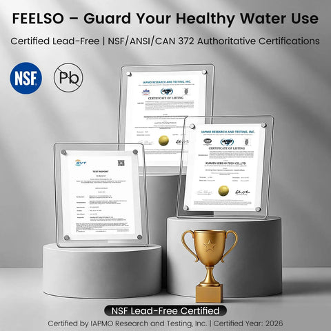 Certificates verifying NSF lead-free standards for Premium Brushed Nickel Pull Down Kitchen Faucet With Built In Water Filter.