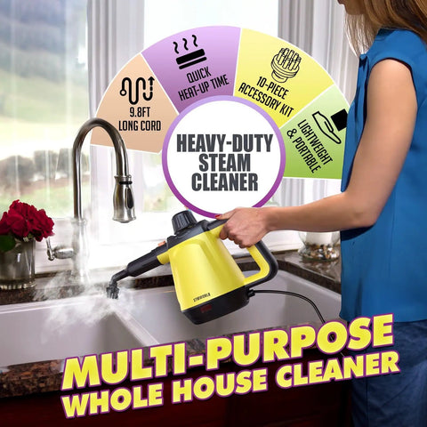 No Stress Deep Clean Handheld Steam Cleaner With 1200 Watt Fast Heat And Ten Tough Attachments For Household Jobs cleaning kitchen sink.