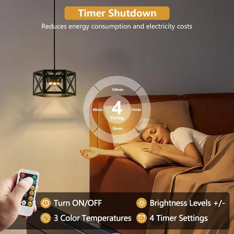 Farmhouse Pendant Light With Wood And Metal Cage illuminating a sleeping person, highlighting timer features on remote control.