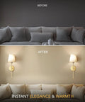 Modern Wireless Wall Sconces Set Of Two enhancing living room ambiance, gold finish, before and after lighting transformation.
