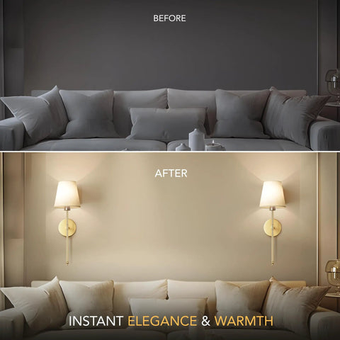 Modern Wireless Wall Sconces Set Of Two enhancing living room ambiance, gold finish, before and after lighting transformation.