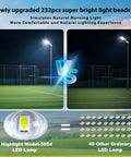 Heavy Duty Solar Street Light Outdoor, 55000Mah Battery, IP68 Waterproof Commercial Security Floodlight With Remote Control shows brightness comparison in a sports field.